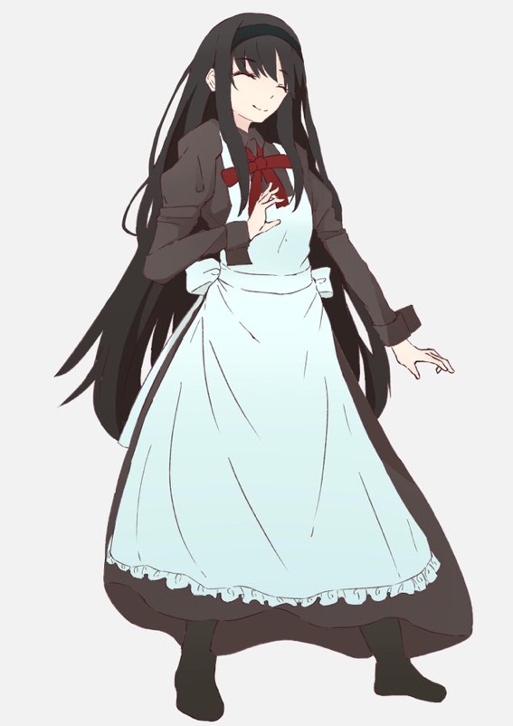 1girl, alternate_costume, apron, black_dress, black_footwear, black_hair, bow, bowtie