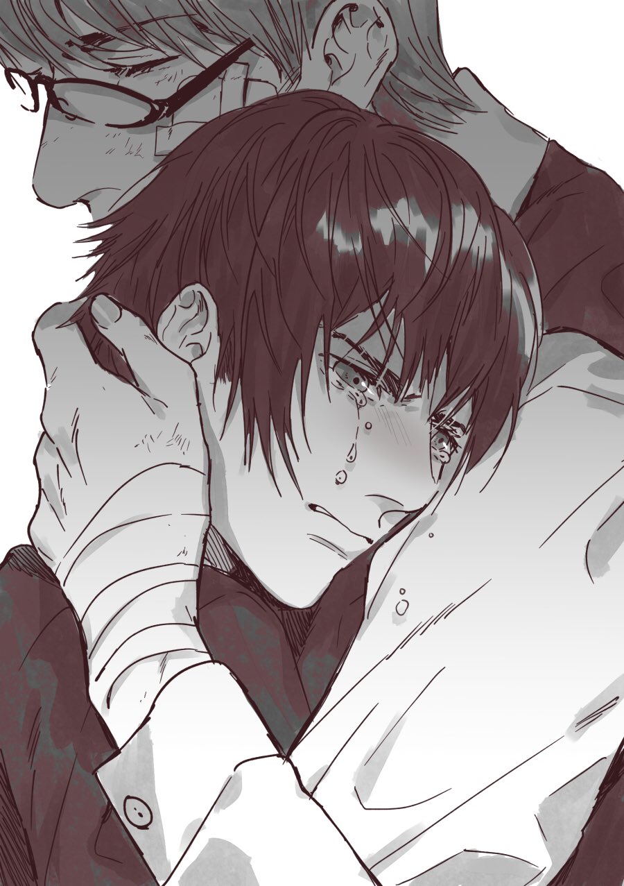 2boys, bandaged_wrist, bandages, buttoned_cuffs, buttons, closed_eyes, commentary_request, crying