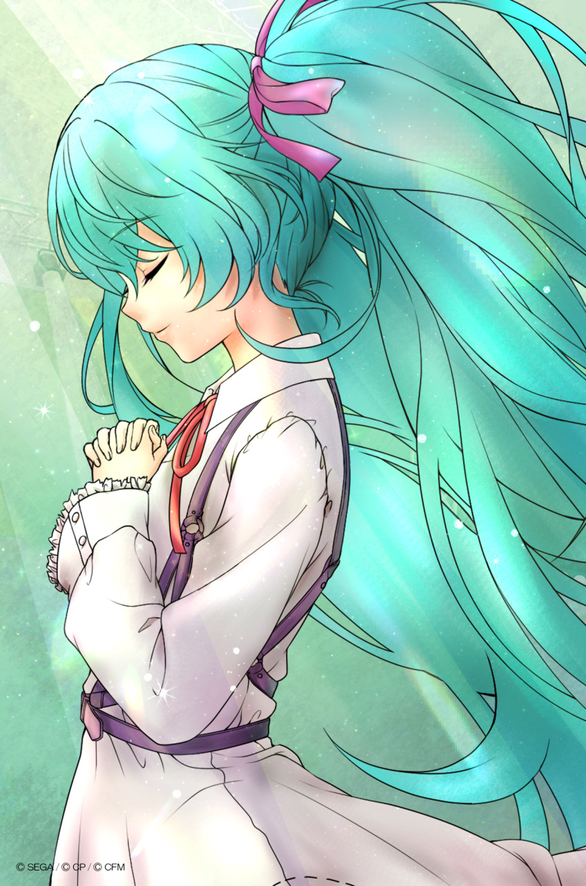 1girl, aqua_hair, closed_eyes, commentary_request, copyright_notice, dress, flat_chest, from_side