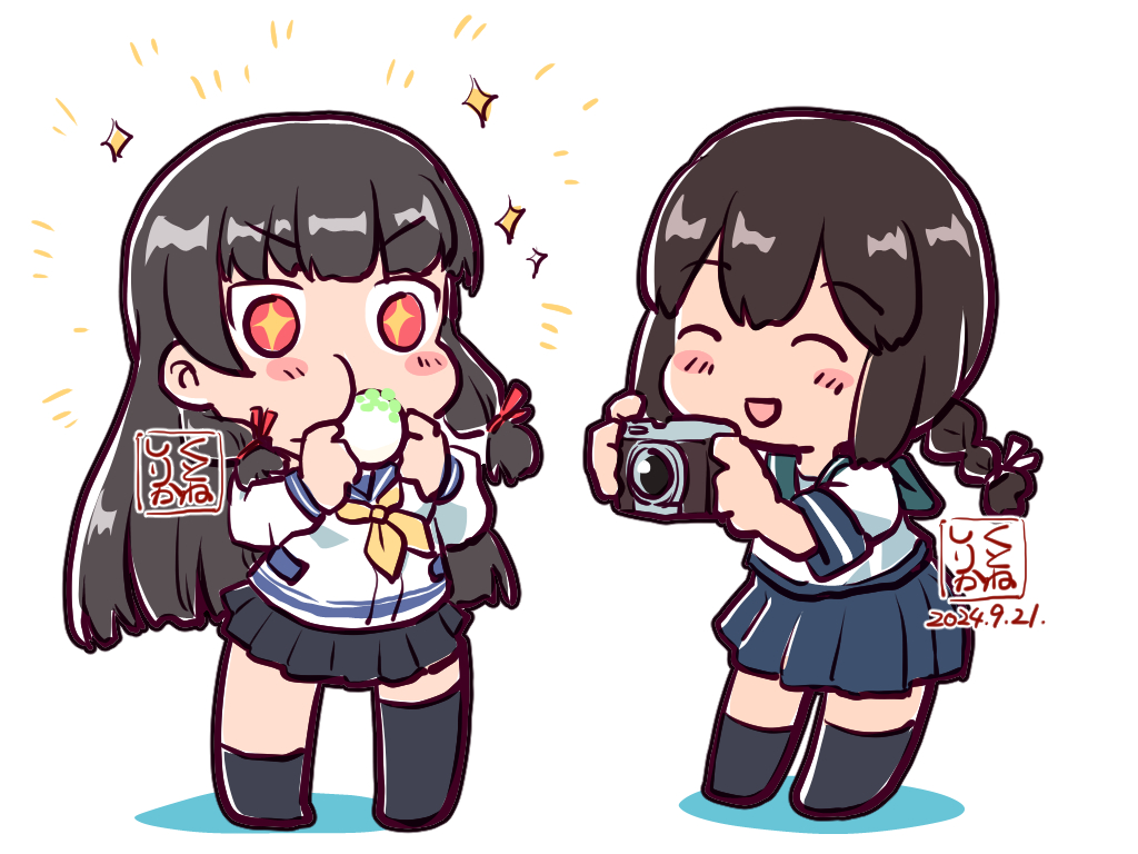 +_+, artist_logo, asymmetrical_legwear, black_hair, black_skirt, blue_sailor_collar, braid, camera