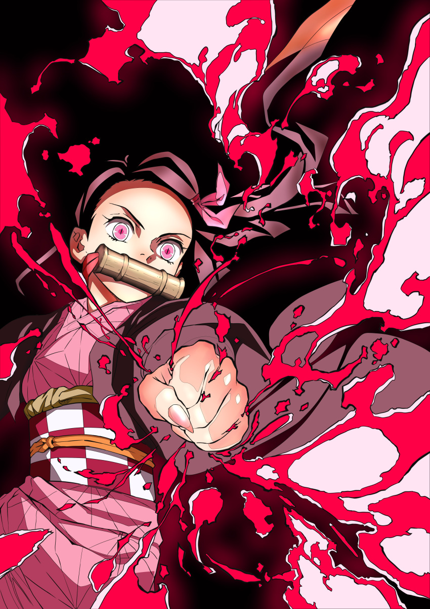 1girl, absurdres, bamboo, bit_gag, black_hair, commentary_request, fingernails, forehead