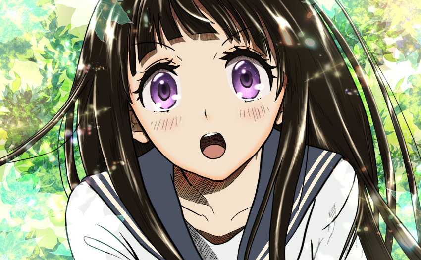 1girl, :o, absurdres, black_hair, blue_sailor_collar, chitanda_eru, commentary_request, highres