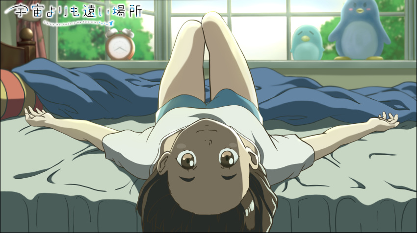1girl, alarm_clock, bed, blanket, blue_shorts, breasts, brown_eyes, brown_hair