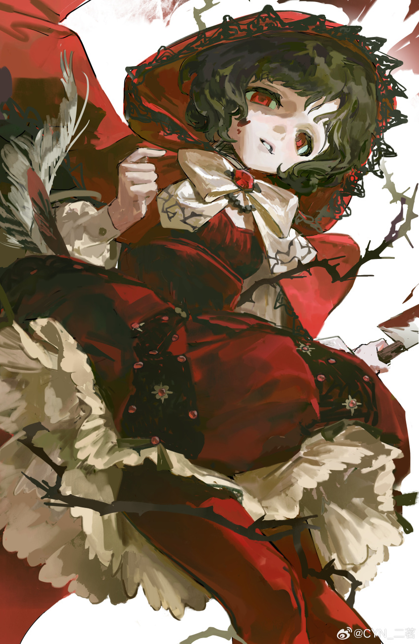 1girl, absurdres, black_hair, bow, bowtie, cape, cowboy_shot, curly_hair