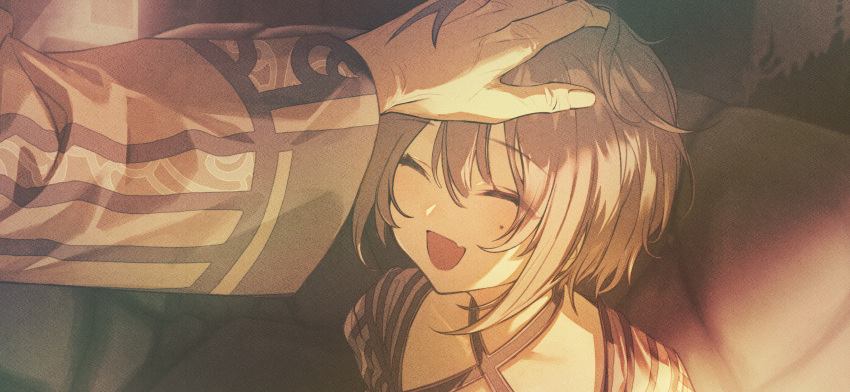 1girl, :d, ^_^, absurdres, atelier_(series), atelier_resleriana, closed_eyes, facing_viewer, fang, film_grain, game_cg, grey_hair, hands_on_another's_head, happy, headpat, highres, johanna_(atelier), long_sleeves, mole, mole_under_eye, non-web_source, official_art, open_mouth, out_of_frame, short_hair, skin_fang, smile, solo_focus, upper_body