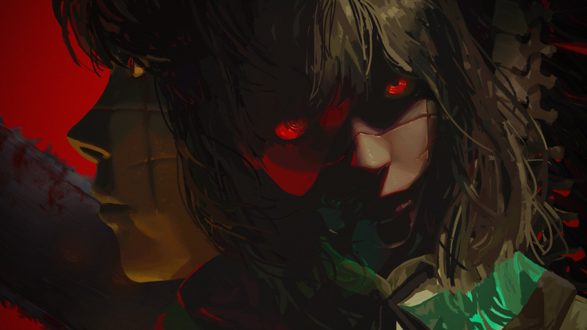 absurdres, blood, blood_on_weapon, chainsaw, chainsaw_man, cross_scar, english_commentary, from_side