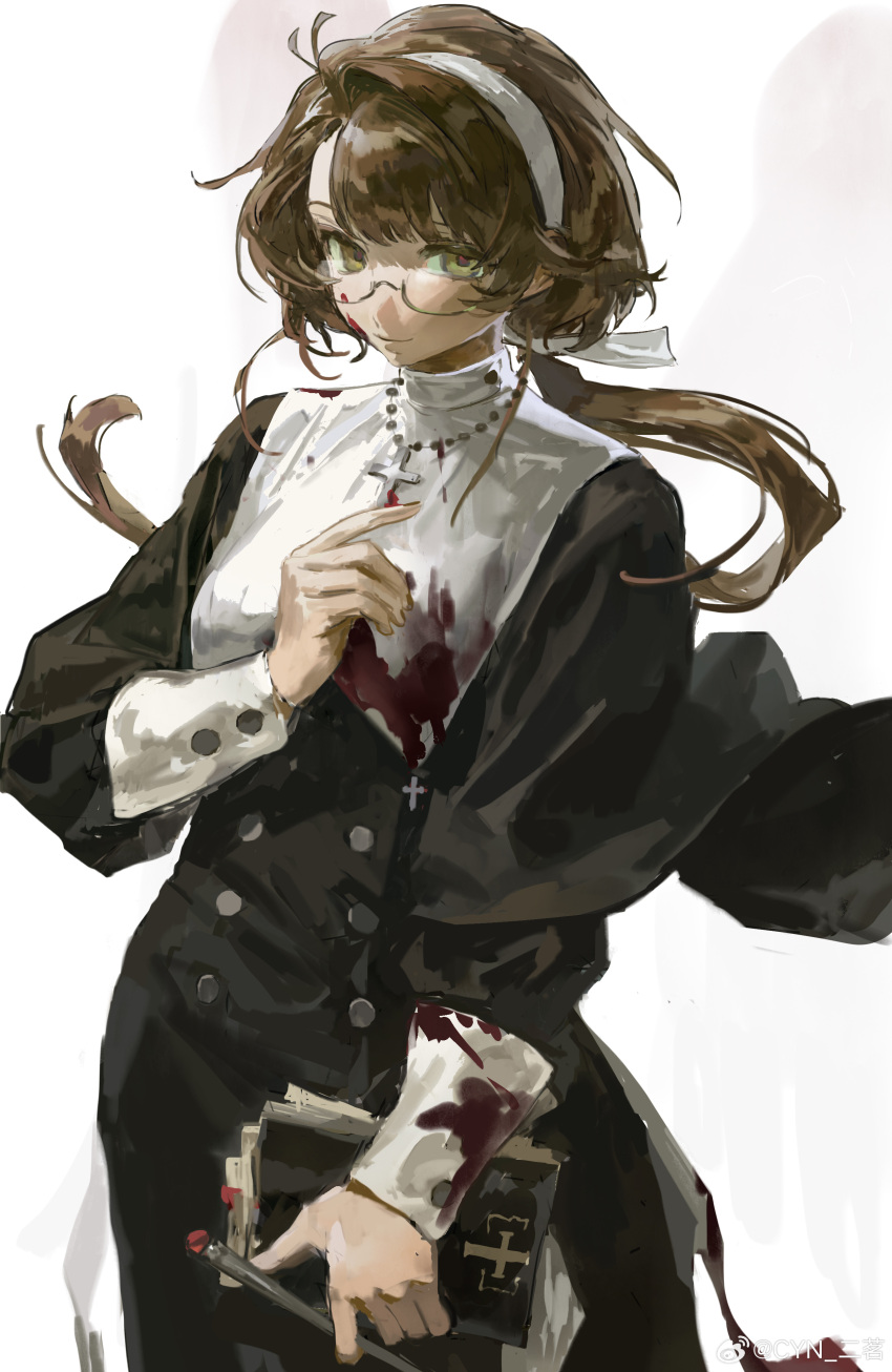 1girl, absurdres, blood, blood_on_clothes, book, brown_hair, clothing_request, cross