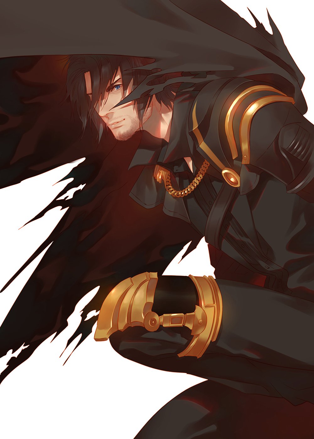 1boy, armor, belt, black_armor, black_belt, black_cape, black_hair, black_pants