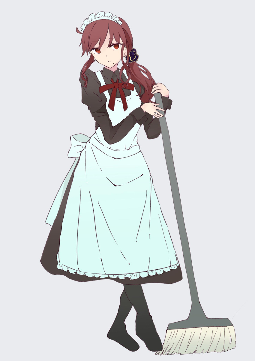 1girl, alternate_costume, apron, black_dress, black_footwear, black_pantyhose, bow, bowtie