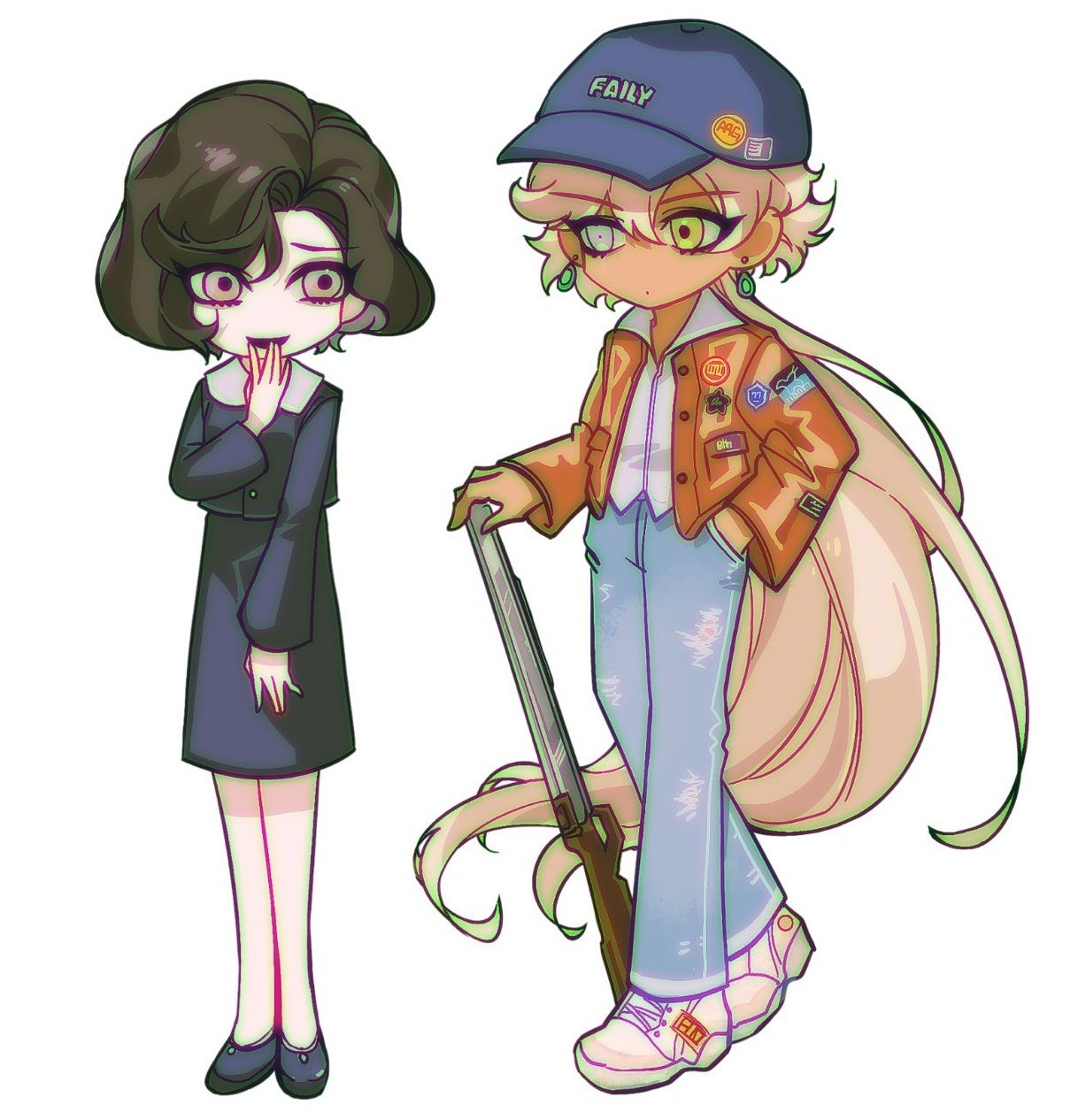 2girls, :d, alternate_costume, argus_(reverse:1999), baseball_cap, black_footwear, black_hair, black_jacket