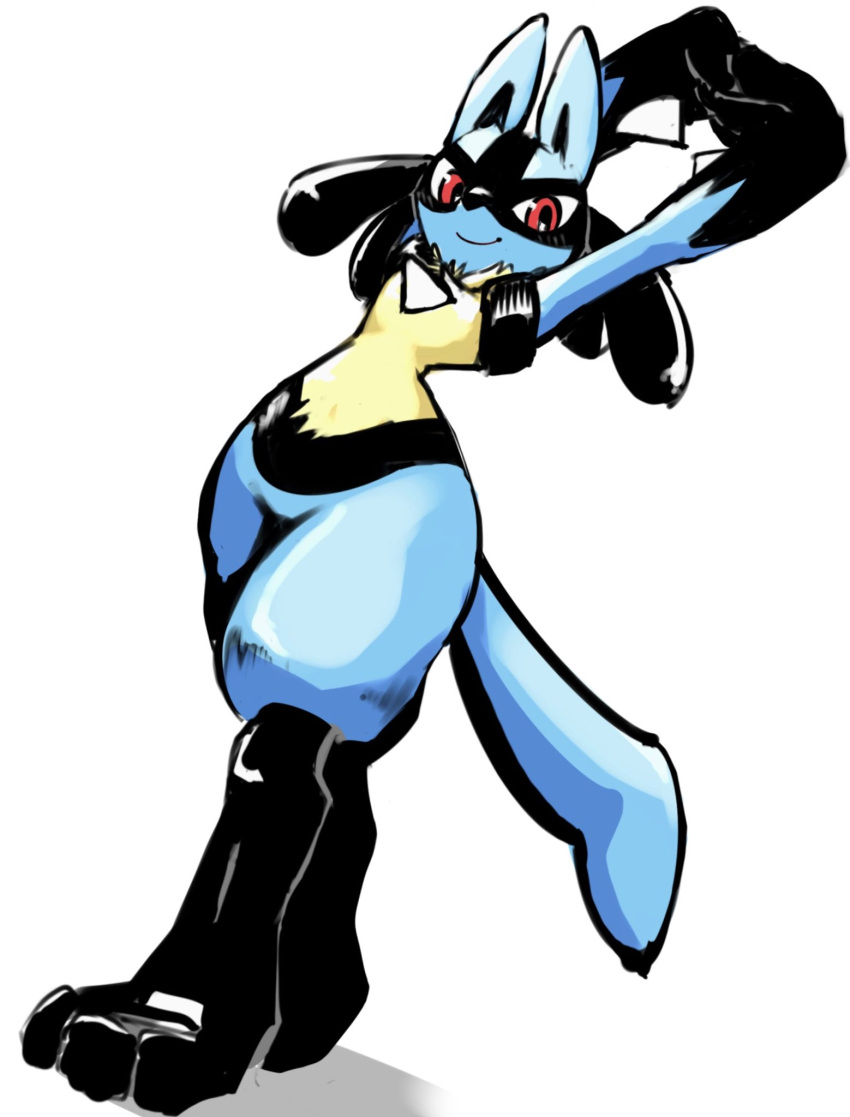 animal_hands, black_fur, blue_fur, furry, highres, looking_at_viewer, looking_down, lucario