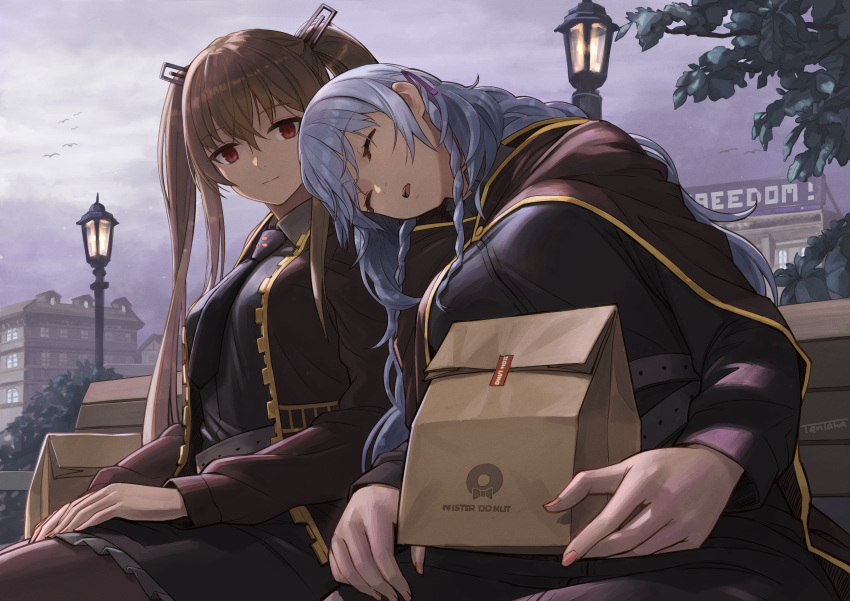 2girls, absurdres, bag, belka_(marfusha), bench, breasts, brown_hair, cape