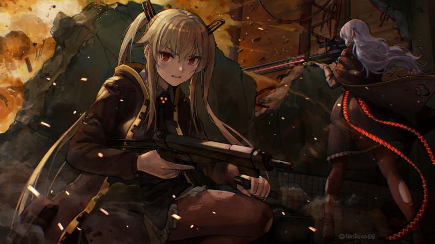2girls, absurdres, belka_(marfusha), belt, blonde_hair, breasts, cape, commission