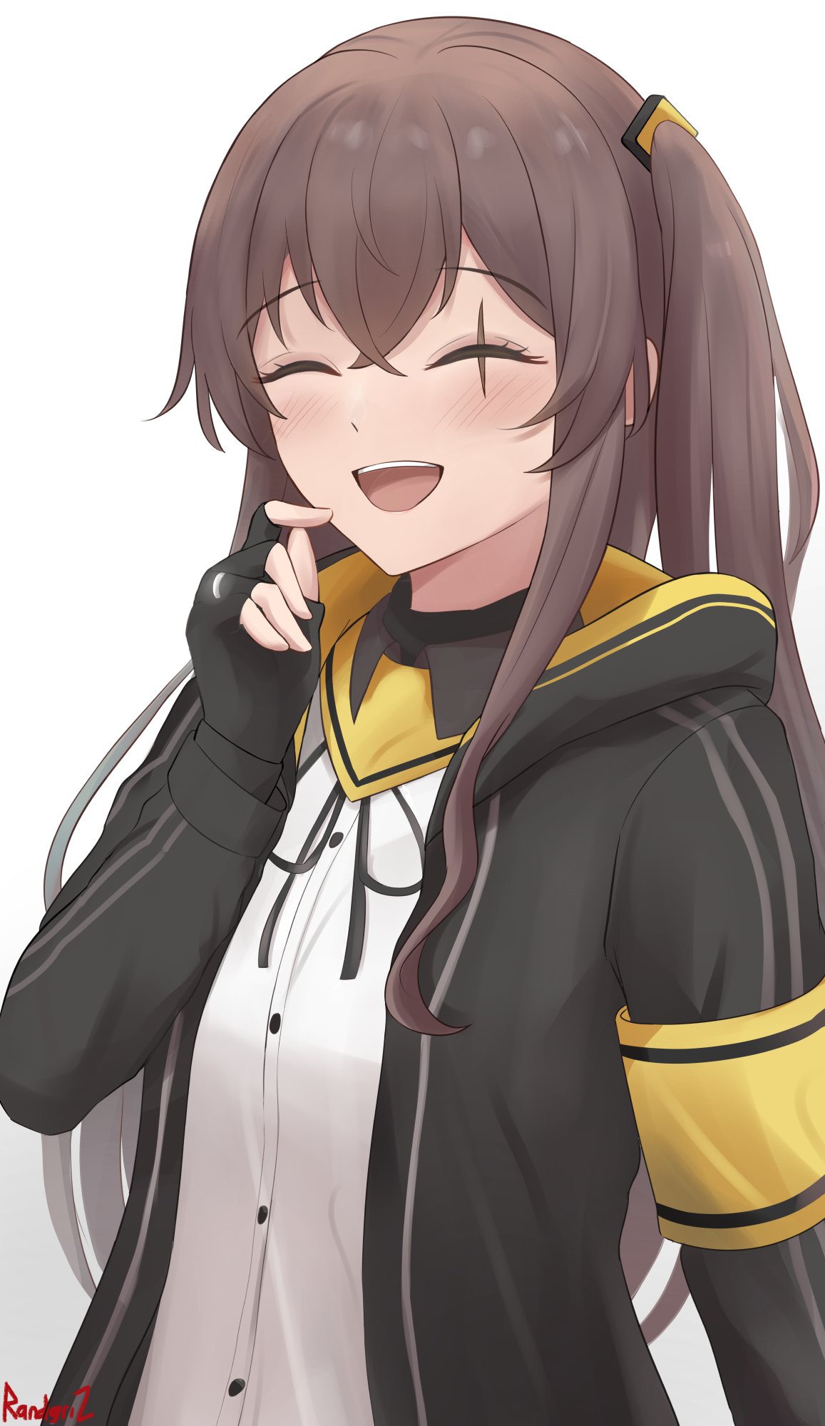 1girl, :d, black_gloves, black_jacket, black_ribbon, blush, brown_hair, closed_eyes