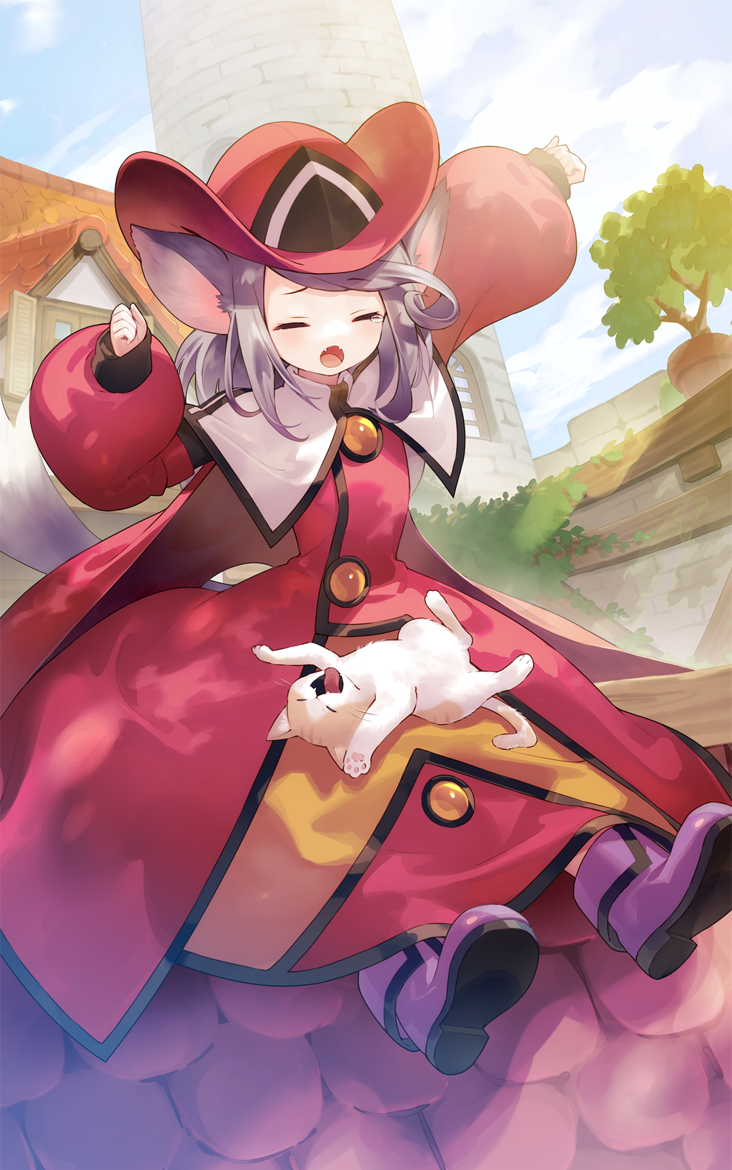 1girl, :o, animal_ears, animal_on_lap, atelier_(series), atelier_iris_eternal_mana, atelier_resleriana, blue_sky