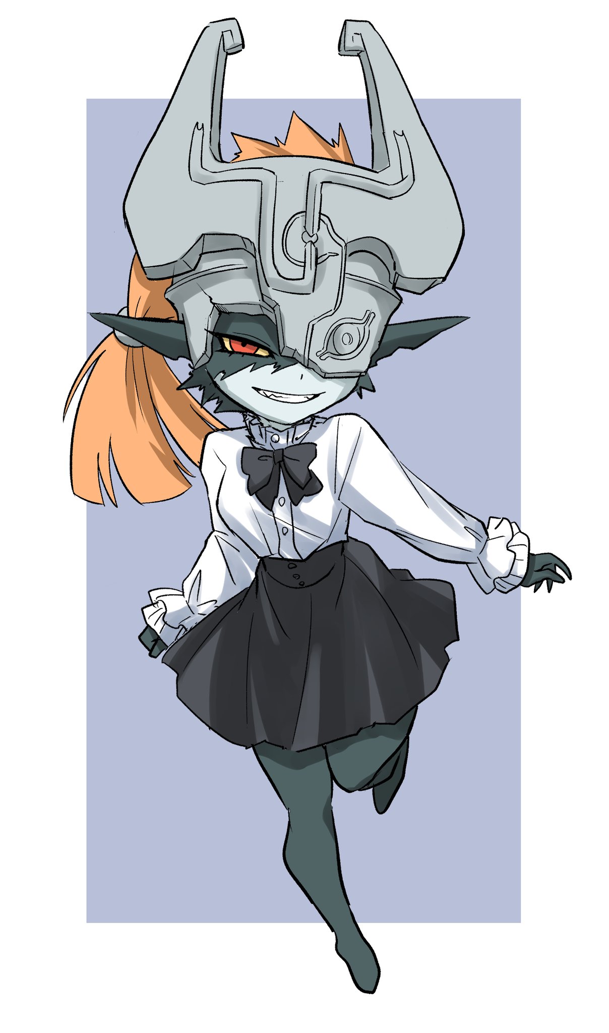 1girl, alternate_costume, bare_legs, black_bow, black_bowtie, black_skin, black_skirt, bow
