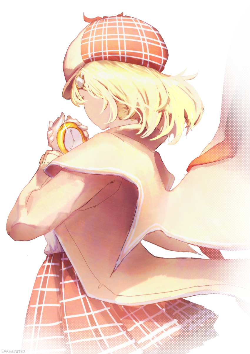 1girl, absurdres, blonde_hair, cape, detective, erasorpepero, floating_cape, highres
