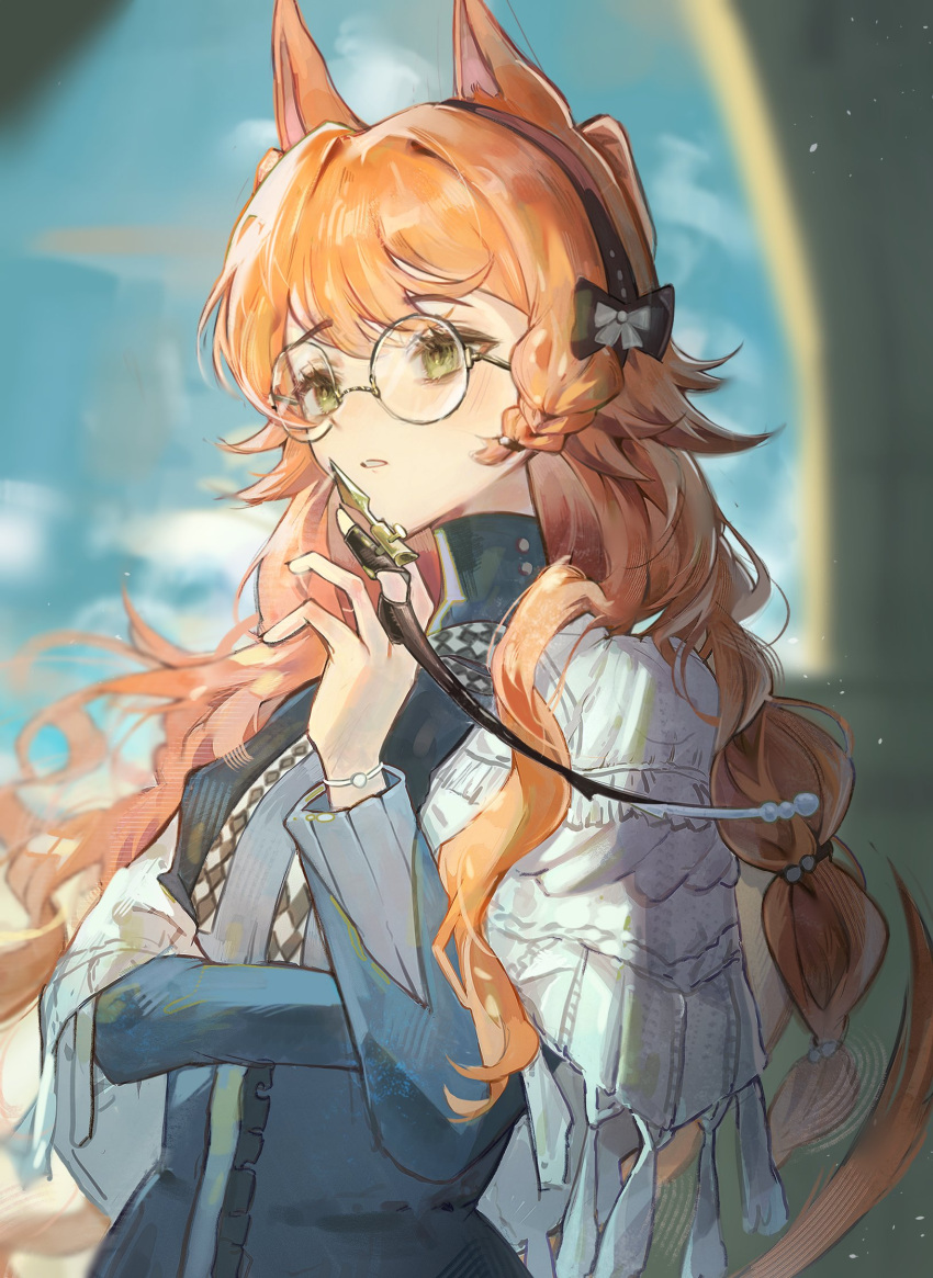 1girl, animal_ears, arch, asymmetrical_sidelocks, black_bow, black_hairband, blue_dress, blue_sky, blurry, blurry_background, bow, braided_sidelock, capelet, checkered_ribbon, dog_ears, dog_girl, dress, furrowed_brow, glasses, green_eyes, hair_bow, hairband, hand_on_own_arm, hand_up, highres, holding, holding_pen, indoors, kemonomimi_mode, long_hair, neck_ribbon, official_alternate_costume, orange_hair, parted_lips, pen, popo_07274, reverse:1999, ribbon, round_eyewear, sky, solo, sonetto_(emotion_in_tranquility)_(reverse:1999), sonetto_(reverse:1999), upper_body, white_capelet