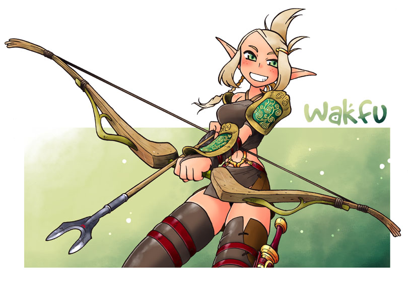 bow, braid, dagger, elf, evangelyne, freckles, green_eyes, grin