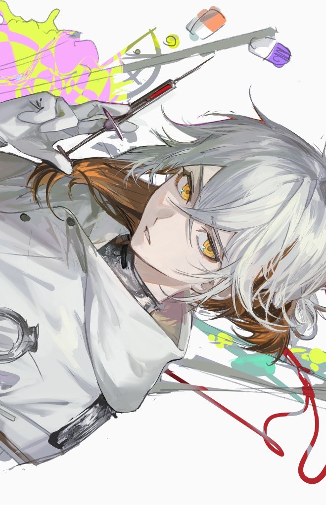 1other, androgynous, brown_hair, coat, colored_tips, gloves, hair_between_eyes, hand_up