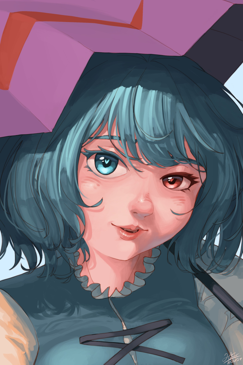 1girl, absurdres, blue_background, blue_eyes, blue_hair, cross-laced_clothes, heart, heart-shaped_pupils