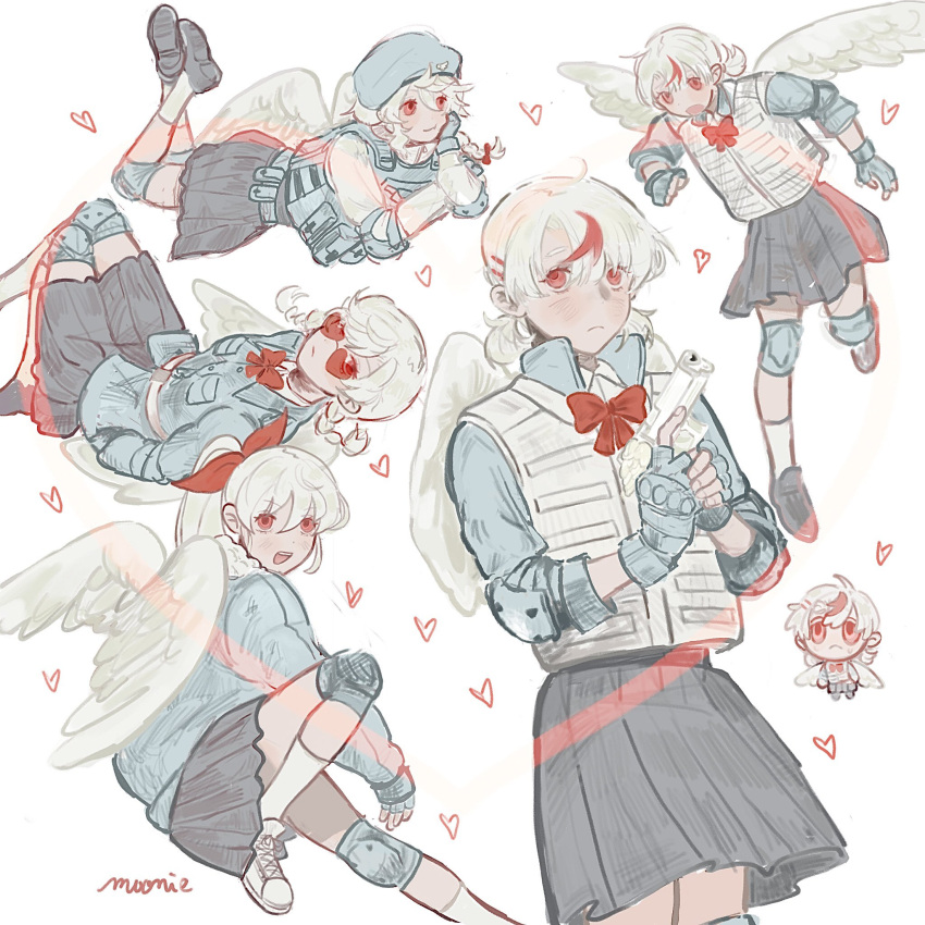 4girls, ammunition_pouch, angel_wings, beret, black_skirt, bow, bowtie, braid