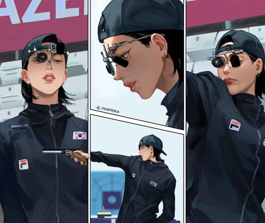 1girl, 2024_summer_olympics, artist_name, backwards_hat, black_hair, black_hat, black_jacket, earrings