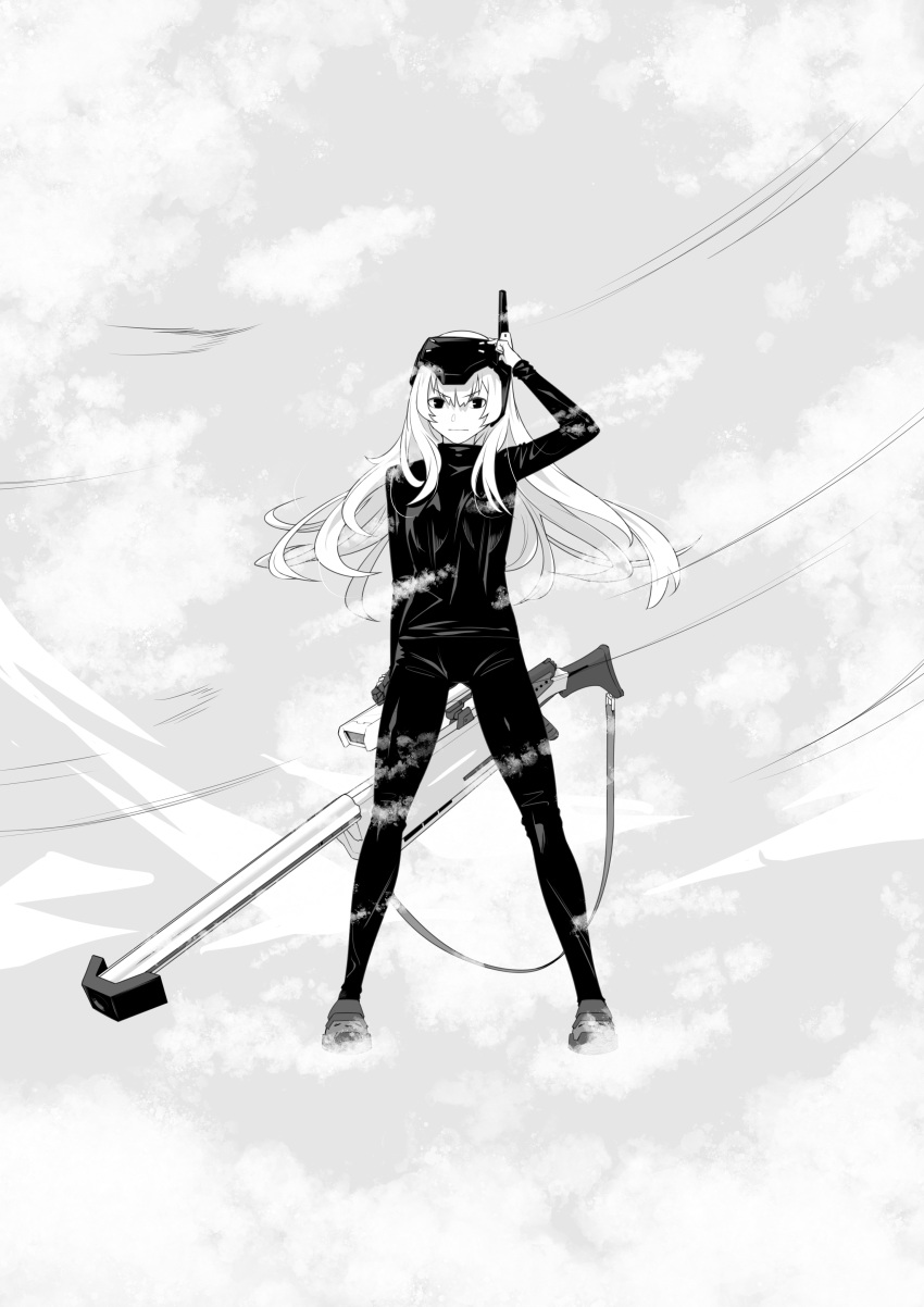 1girl, absurdres, anti-materiel_rifle, closed_mouth, fune_(fune93ojj), goddess_of_victory:_nikke, greyscale, gun