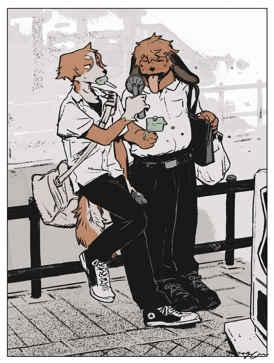 2boys, animal_ears, bag, black_footwear, black_pants, black_shirt, bottle, claws