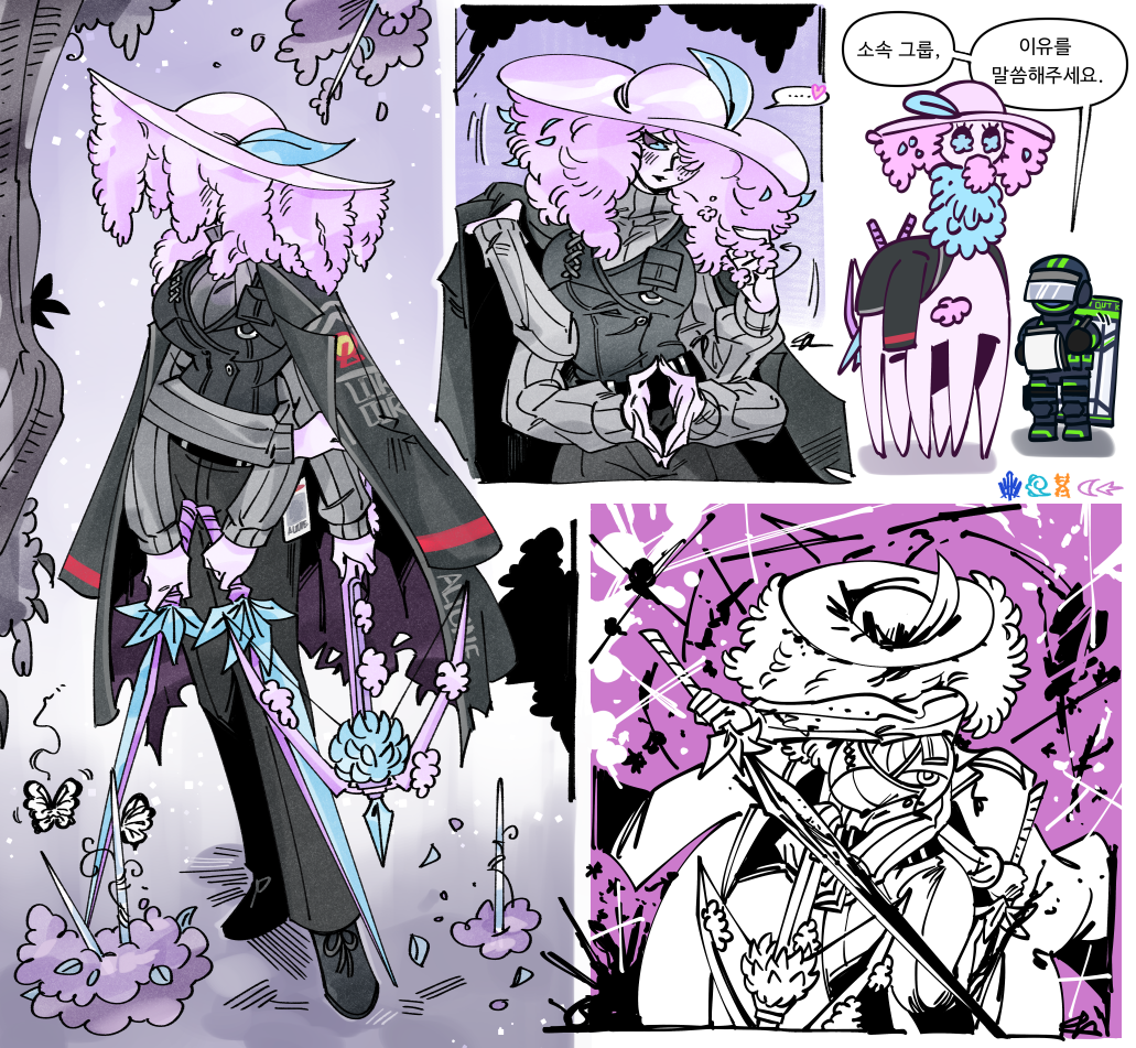 1girl, 1other, alriune, armor, black_armor, black_sclera, blue_eyes, colored_sclera, colored_skin, crossbow, e.g.o_(project_moon), extra_arms, faint_aroma_(e.g.o), faust_(project_moon), flower, force_(4sk_force), grey_sweater, hat, helmet, holding, holding_crossbow, holding_notepad, holding_sword, holding_weapon, k_corp._checkpoint_security, korean_text, limbus_company, lobotomy_corporation, notepad, pink_flower, pink_hat, pink_skin, project_moon, ribbed_sweater, simple_background, speech_bubble, sweater, sword, translation_request, weapon, white_background, wide_brim