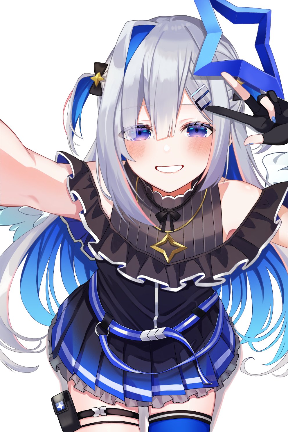 1girl, amane_kanata, angel, angel_wings, asymmetrical_bangs, blush, frills, gloves