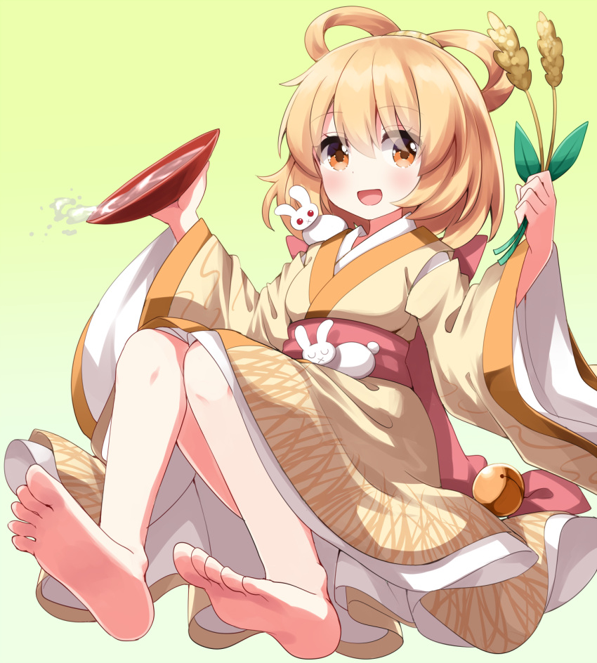 1girl, aki_minoriko, barefoot, comb, commentary_request, cosplay, cup, feet