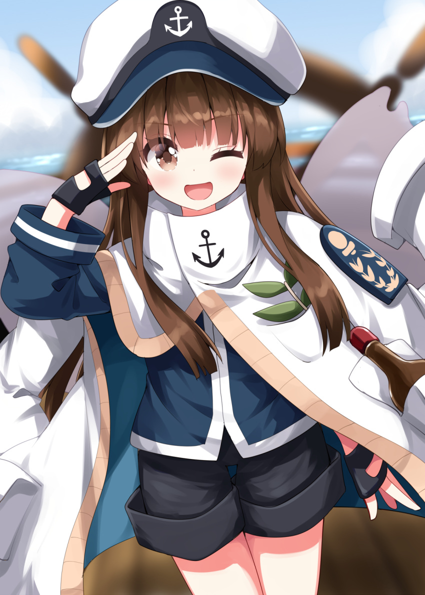 1girl, :d, anchor_symbol, black_gloves, black_shorts, blue_jacket, blue_vest, blunt_bangs