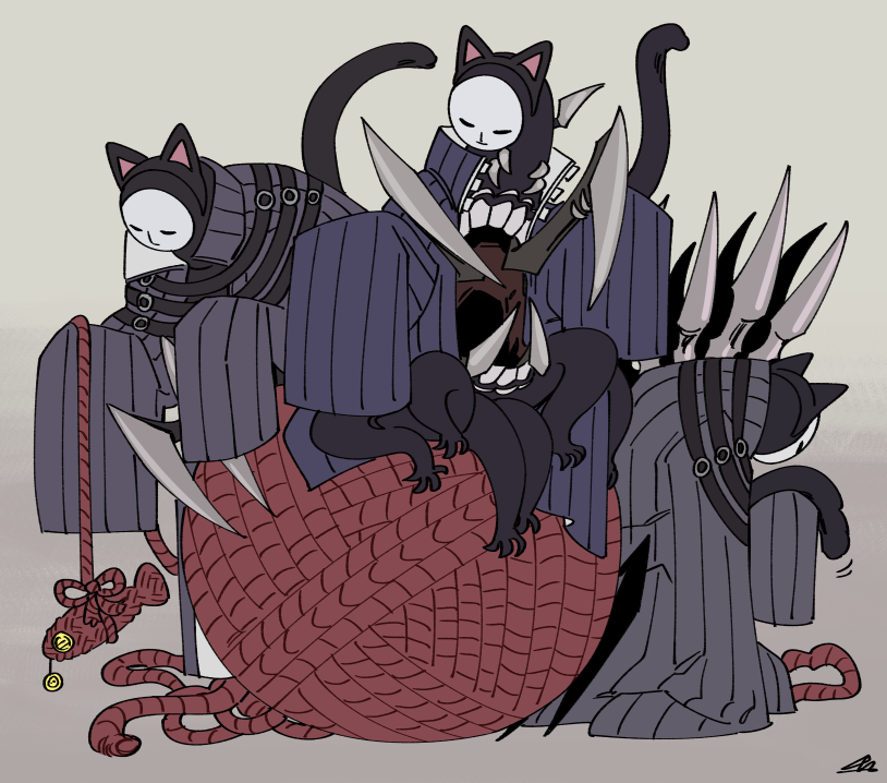 3others, animal_ears, black_coat, black_skin, cat_ears, cat_tail, cat_teaser, claws