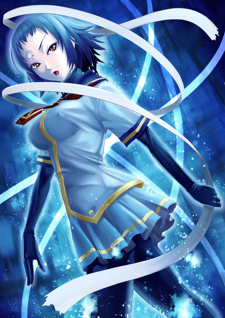 bandage, bandaid, blue, blue_hair, breasts, kurokami_kujira, medaka_box, miniskirt
