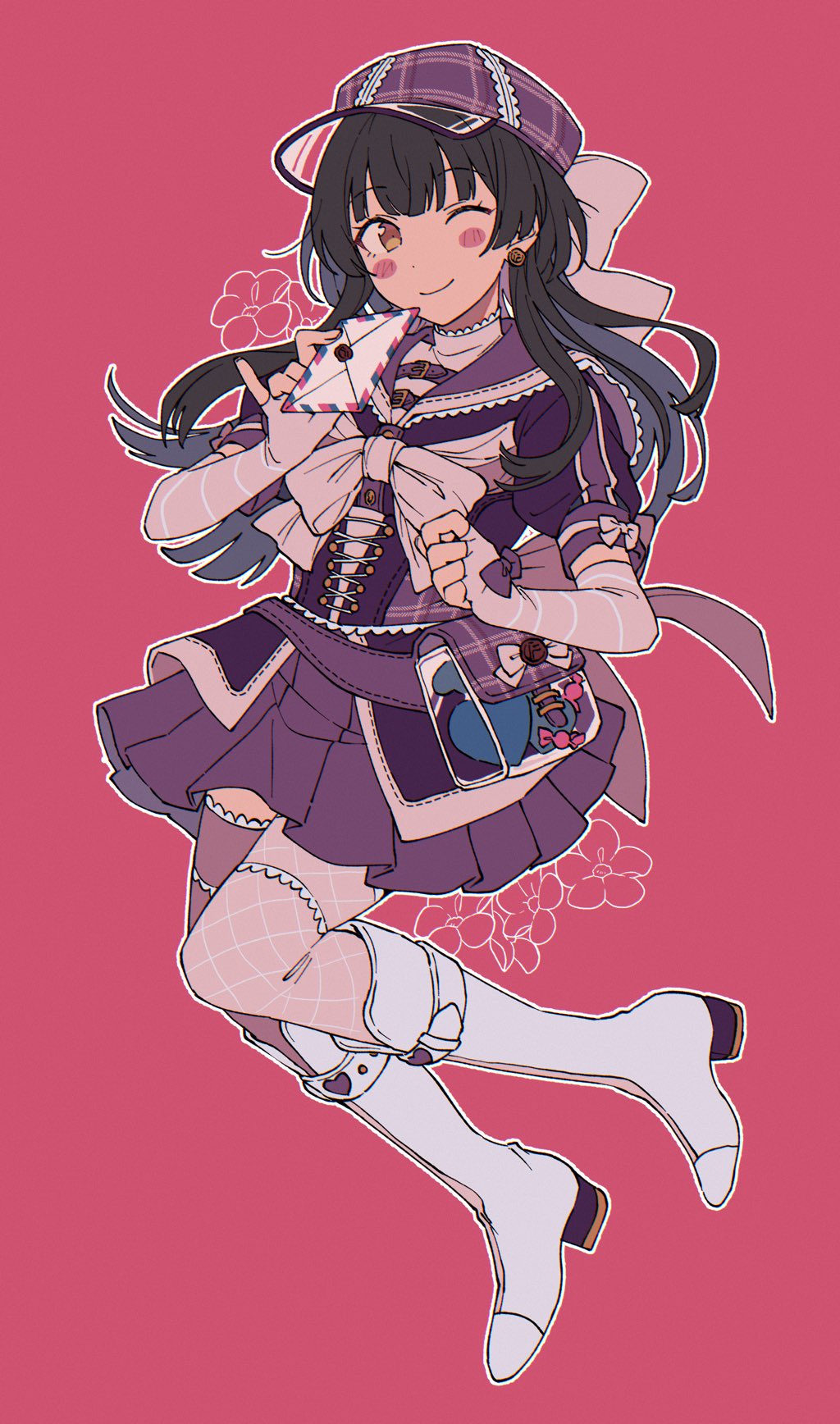 1girl, asymmetrical_legwear, belt, black_hair, blunt_bangs, blush, boots, bow