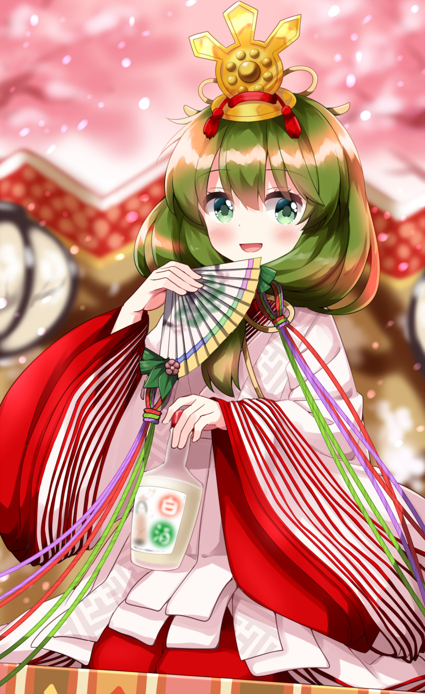 1girl, blurry, blurry_background, bonbori_(lighting), bottle, commentary_request, folding_screen, front_ponytail