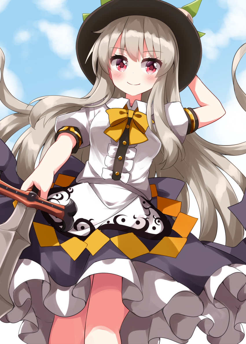 1girl, arm_up, black_hat, blush, bow, bowtie, buronko, buront