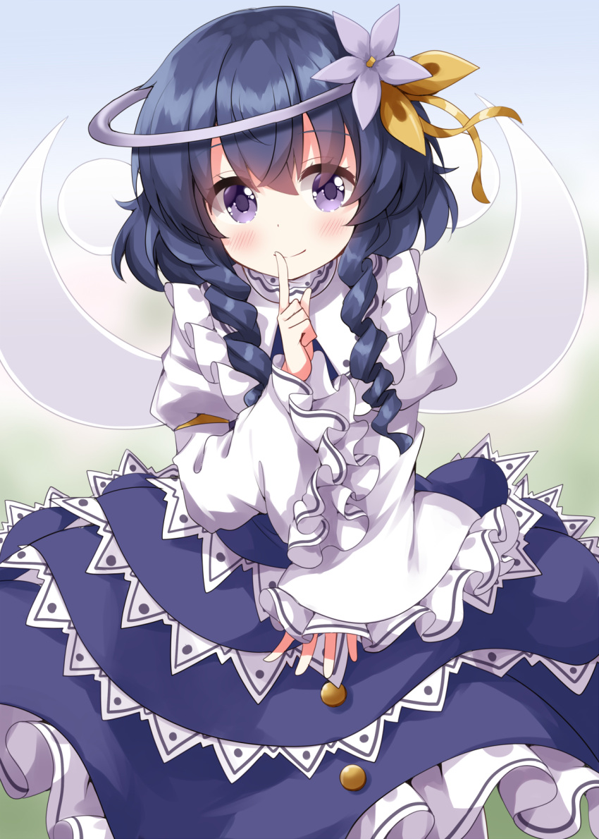 1girl, blue_dress, blue_eyes, blue_hair, blurry, blurry_background, blush, braid, closed_mouth, collared_dress, dress, flower, frilled_dress, frills, hair_flower, hair_ornament, highres, looking_at_viewer, medium_hair, original, parted_lips, puffy_sleeves, purple_flower, ruu_(tksymkw), solo, sugar_satellite, touhou, twin_braids, upper_body, yousei_daisensou