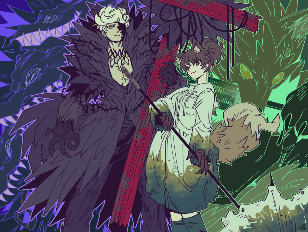 1boy, 1girl, alleyway_watchdog_(project_moon), animal_ears, barbed_wire, breasts, brown_hair, claws, closed_mouth, coat, cowboy_shot, drifting_fox, e.g.o_(project_moon), elena_(project_moon), force_(4sk_force), fox, fox_ears, fox_tail, holding, holding_umbrella, holding_utility_pole, jae-heon, jewelry, large_breasts, library_of_ruina, limbus_company, long_sleeves, looking_at_viewer, medium_hair, necklace, parted_lips, ponytail, project_moon, purple_coat, red_eyes, smile, sunshower_(e.g.o), tail, telepole_(e.g.o), tooth_necklace, umbrella, utility_pole, white_hair, white_raincoat, wolf, yellow_eyes