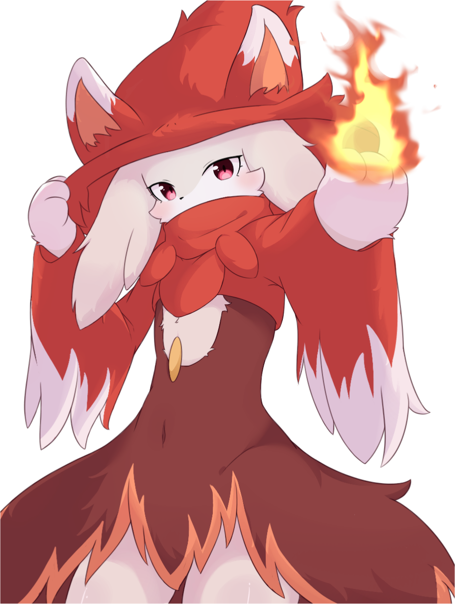 1girl, animal_ears, animal_hands, covered_mouth, dress, fire, furry, furry_female, hat, hetakitsune, highres, looking_at_viewer, pal_(creature), palworld, red_eyes, red_hat, simple_background, solo, white_background, wixen_(palworld)