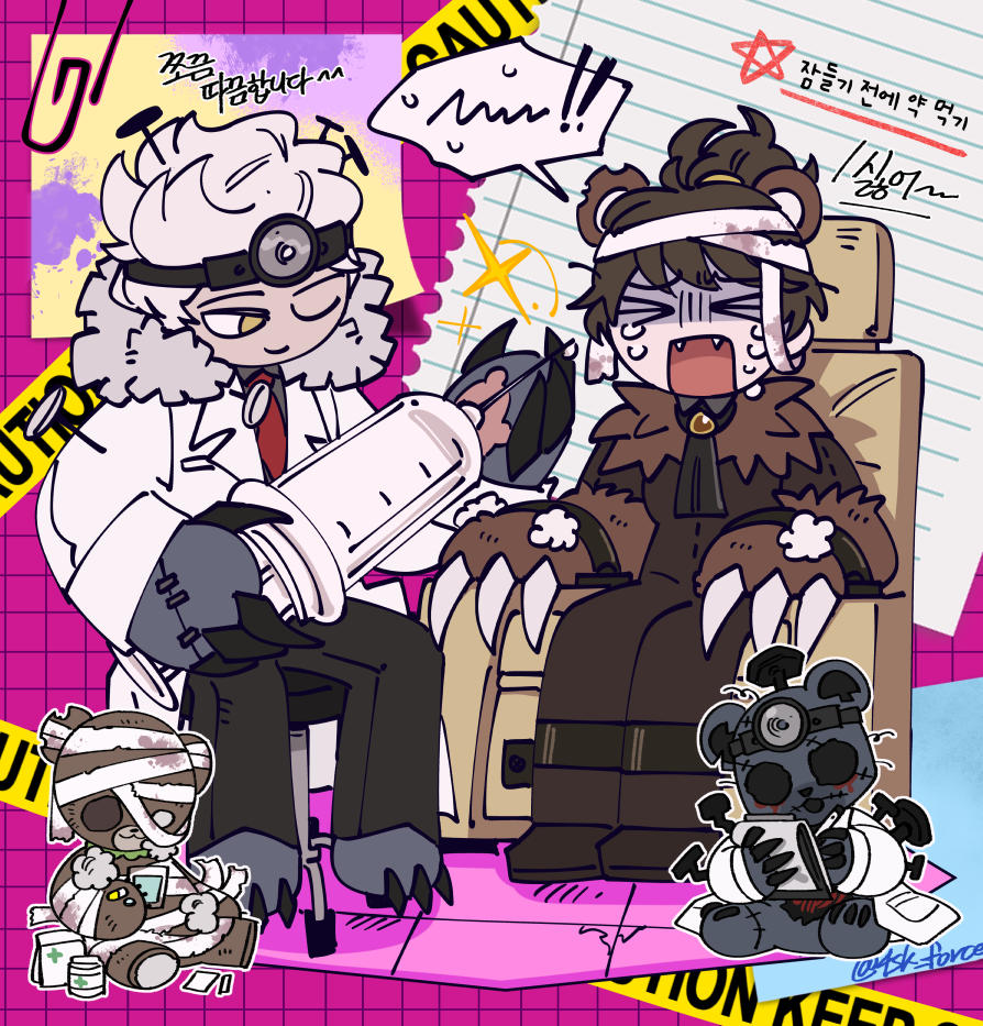 >_<, 1boy, 1girl, armchair, bodysuit, brown_bodysuit, brown_footwear, brown_hair
