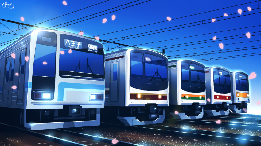 bloom, blue_sky, cherry_blossoms, east_japan_railway_company, falling_petals, god-kami3, graduation, headlight_beam