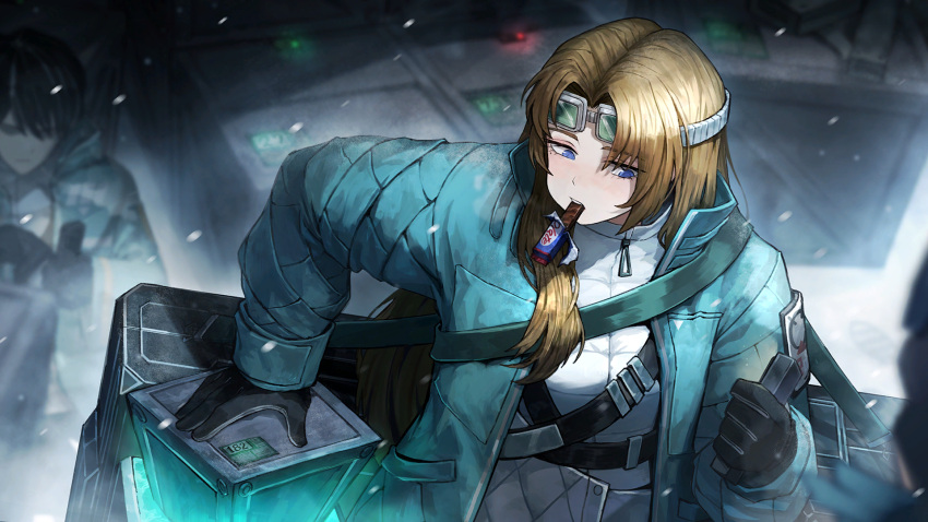 1boy, 1girl, bandolier, belt, black_gloves, blue_eyes, brown_hair, candy