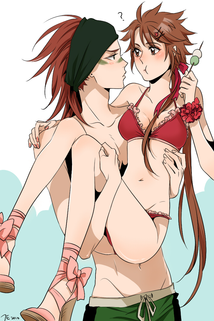 1boy, 1girl, bikini, blush, bow, bracelet, brown_eyes, brown_hair