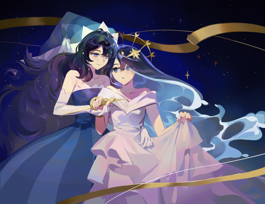 2girls, blue_dress, blue_eyes, blue_hair, breasts, cookie_run, cookie_run:_kingdom, dress