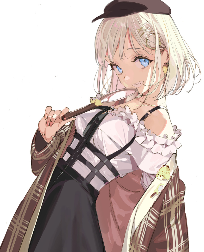 1girl, bare_shoulders, black_shirt, black_skirt, blonde_hair, blue_eyes, bob_cut, breasts
