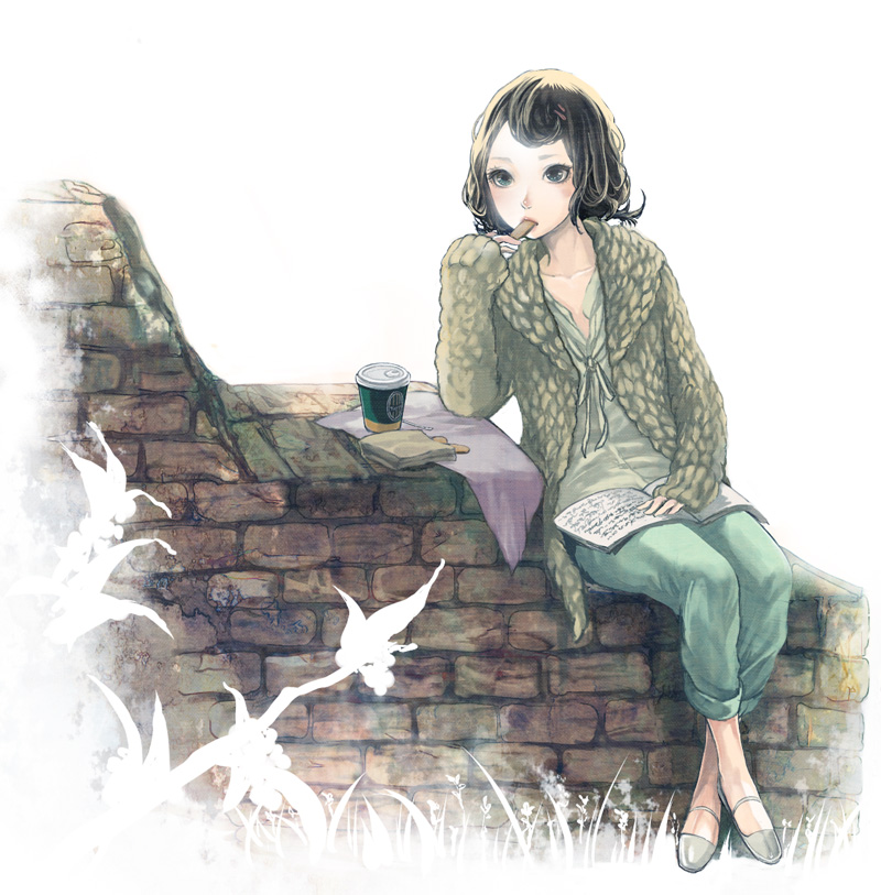 brown_hair, cardigan, coffee, cup, eating, green_eyes, hair_ornament, hairclip