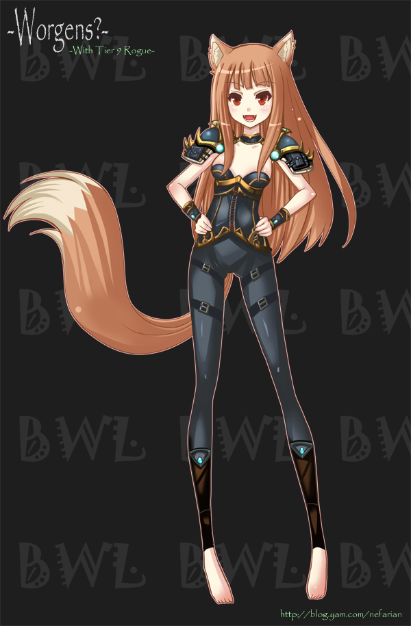 barefoot, blush, choker, crossover, fox, fox_ears, fox_tail, hands_on_hips