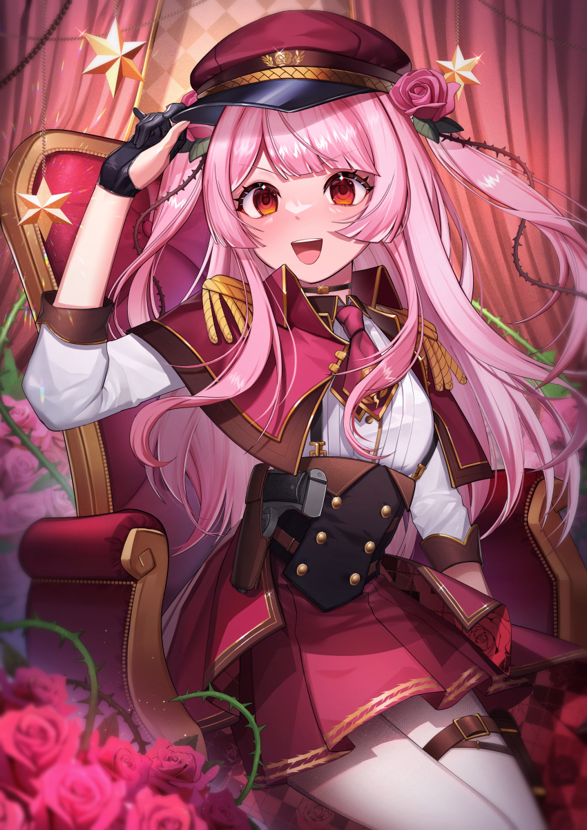 1girl, :d, absurdres, black_gloves, blunt_bangs, chair, collared_shirt, dayuh, flower, gloves, gun, hair_flower, hair_ornament, hand_on_headwear, handgun, hat, highres, long_hair, looking_at_viewer, miniskirt, necktie, nijisanji, nijisanji_en, official_alternate_costume, open_mouth, pantyhose, partially_fingerless_gloves, pink_flower, pink_hair, pleated_skirt, red_eyes, red_hat, red_necktie, red_skirt, rosemi_lovelock, rosemi_lovelock_(2nd_costume), shirt, sitting, skirt, sleeves_past_elbows, smile, solo, v-shaped_eyebrows, virtual_youtuber, weapon, white_pantyhose, white_shirt